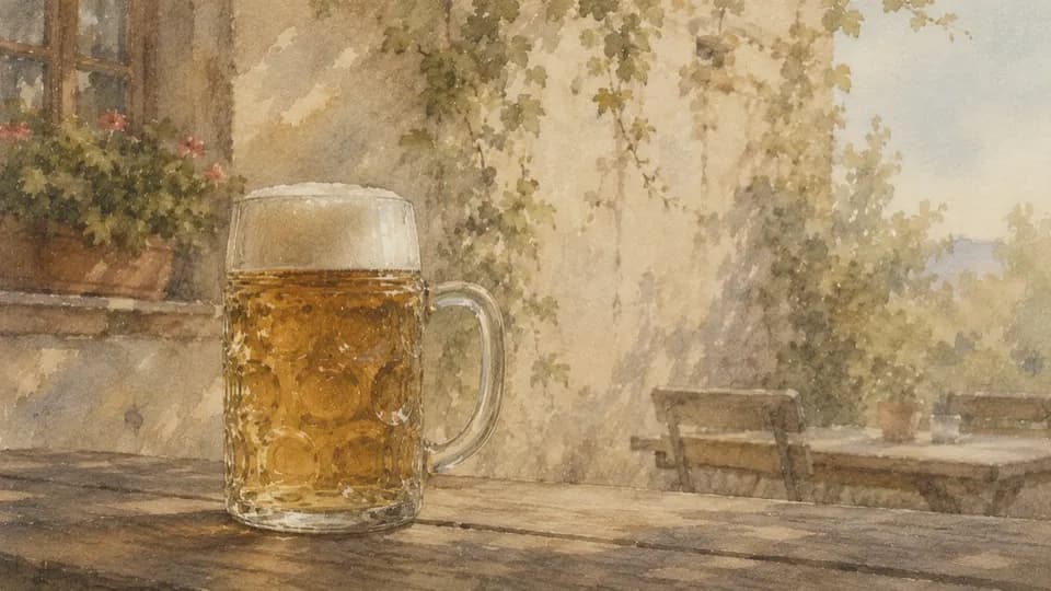 Aquarell: Ein Maßkrug Bier auf einem Biergartentisch vor einer bewachsenen Hauswand.