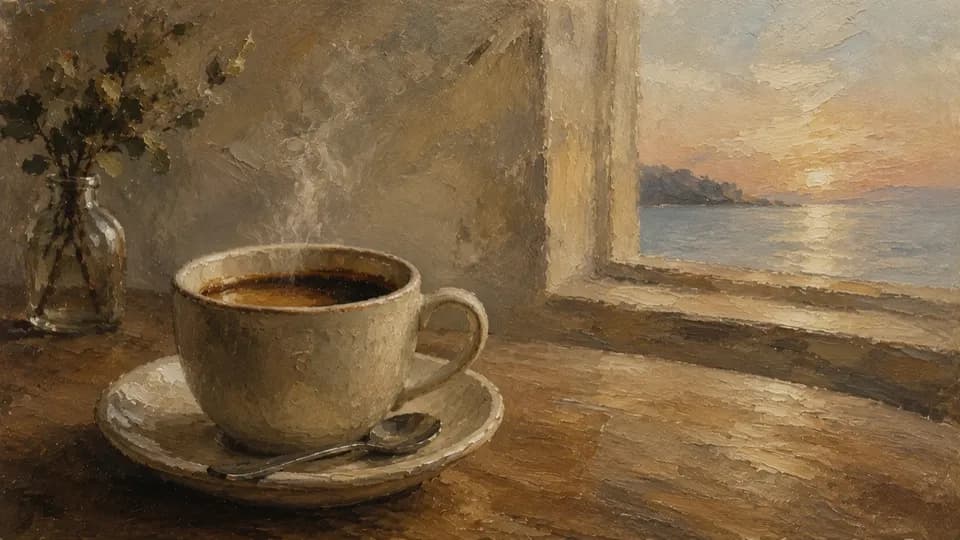 Gemälde: Eine dampfende Kaffeetasse am Fenster, draußen geht die Sonne über dem Meer unter.