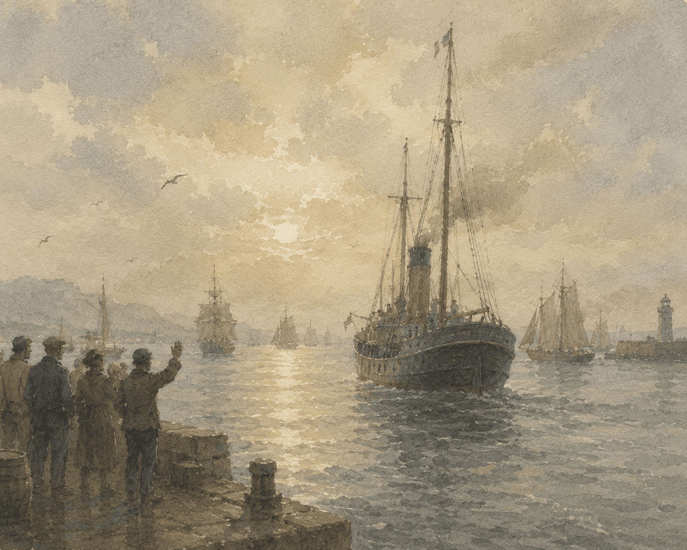 Aquarell: Ein Dampfschiff verlässt bei tiefstehender Sonne den Hafen, Menschen winken vom Kai.