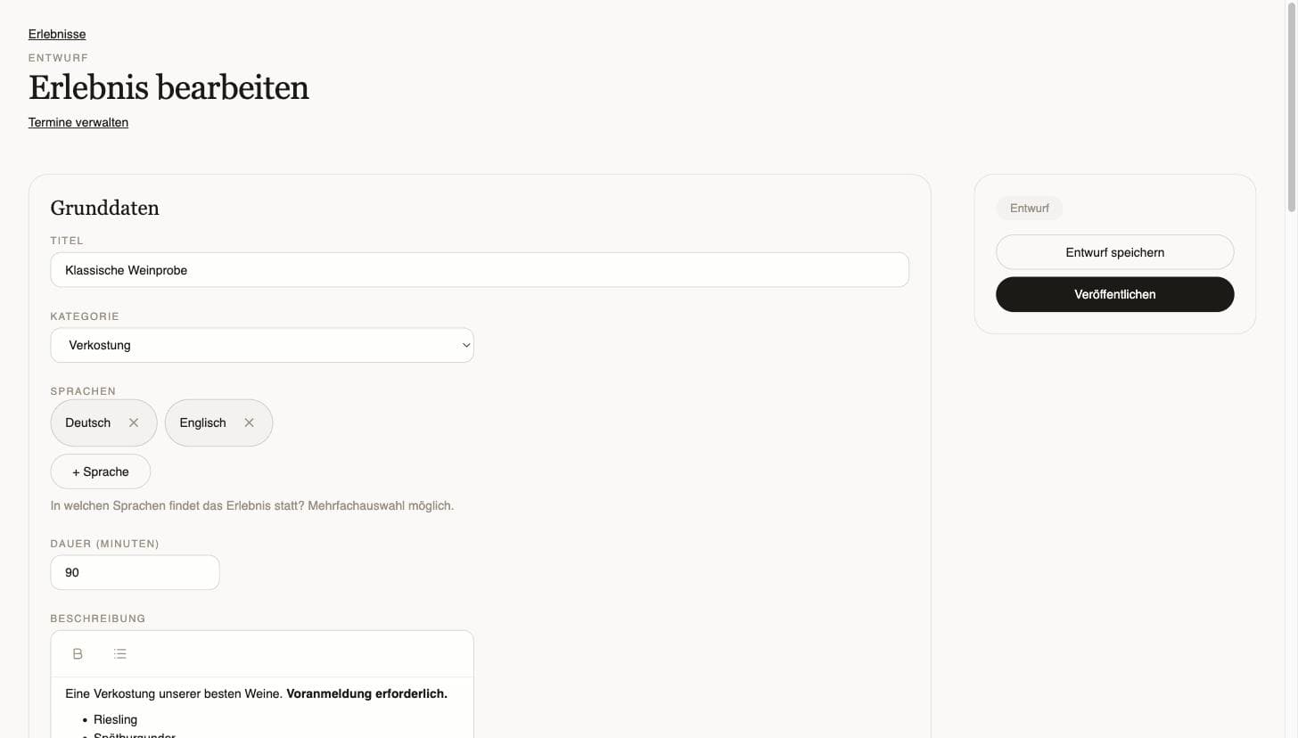 Führung im Buchungssystem für Brauereien anlegen: Titel, Kategorie, Sprachen, Dauer und Beschreibung in einem Formular.
