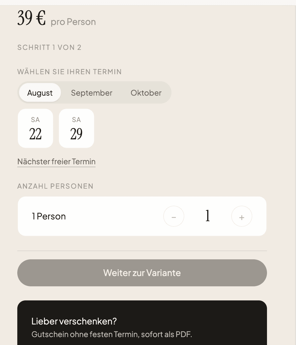 Brauereiführung online buchen aus Gästesicht: Monat, freie Termine, Anzahl Personen und Preis je Person.