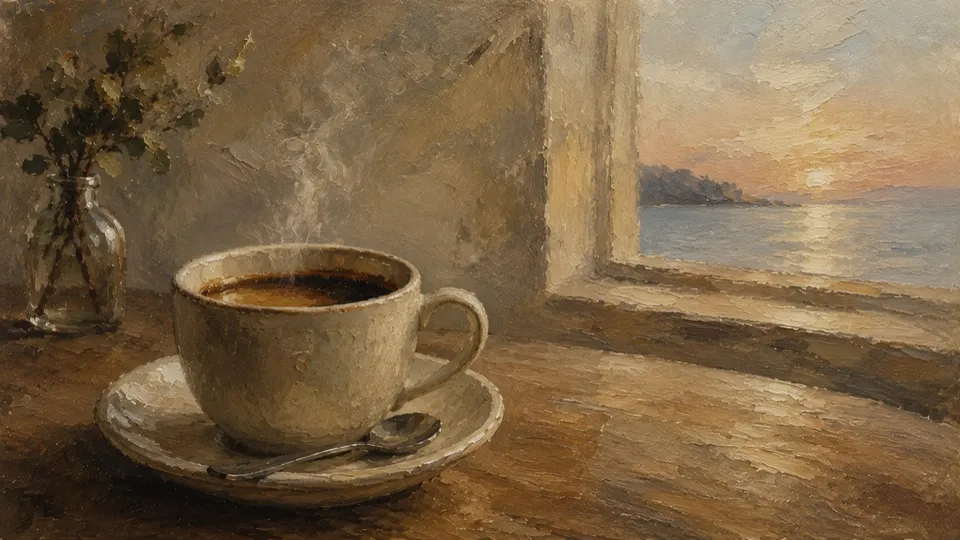 Ölbild: eine dampfende Tasse Kaffee am Fenster, draußen das Meer im Sonnenuntergang