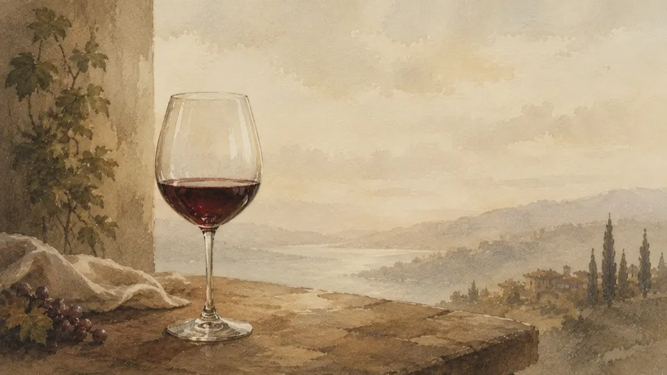Aquarell: ein Glas Rotwein auf einer Steinbrüstung, dahinter Hügel und ein Fluss im Abendlicht