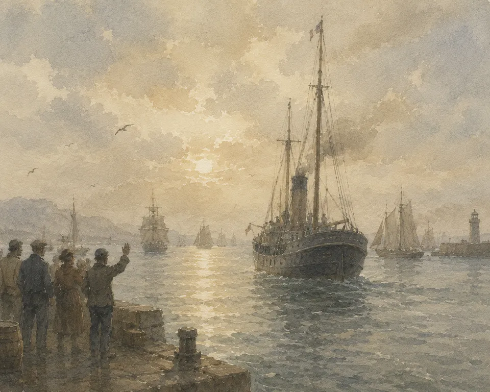 Aquarell: Menschen auf einer Hafenmole winken einem auslaufenden Schiff im Morgenlicht nach